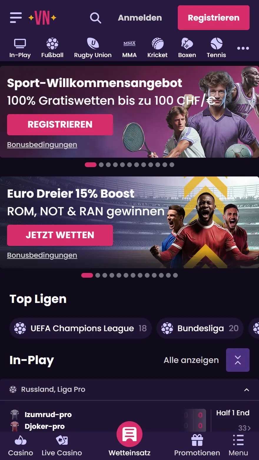 VegasNow Sportwettenseite