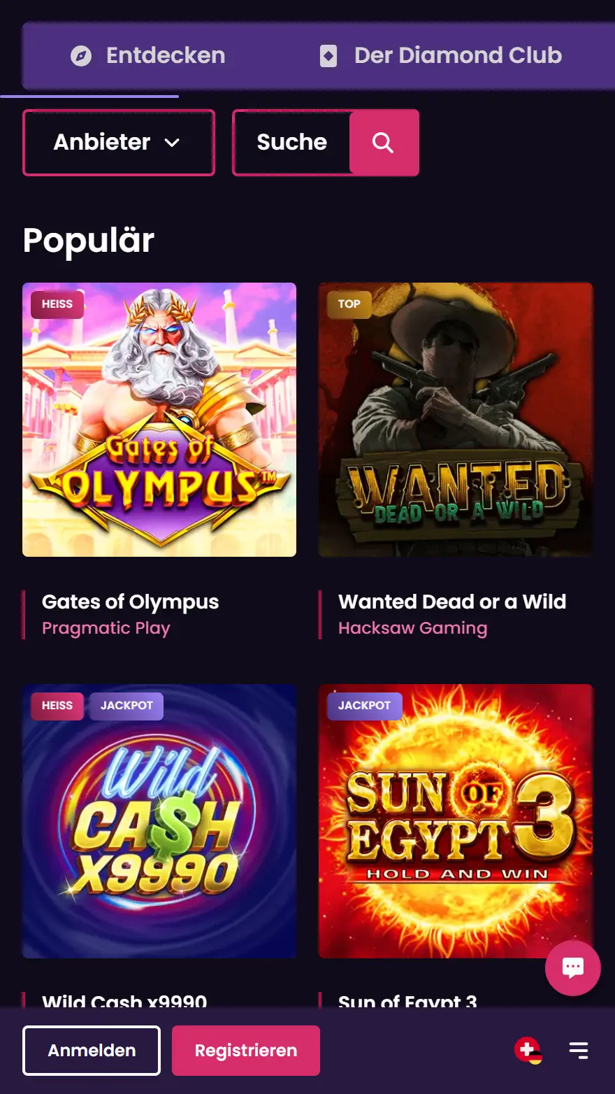 VegasNow Casino-Spieleseite