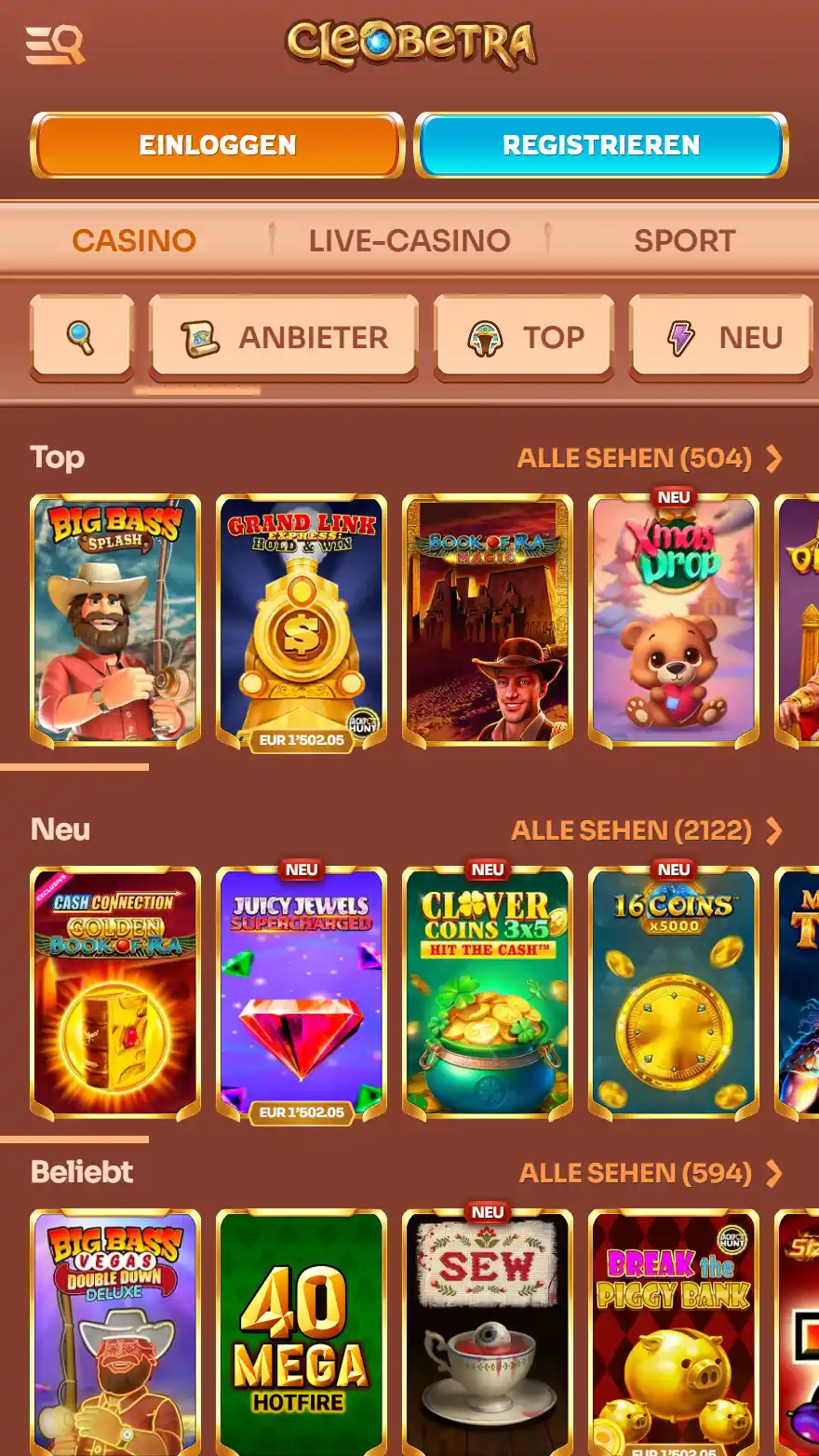 Cleobetra Casino-Spieleseite