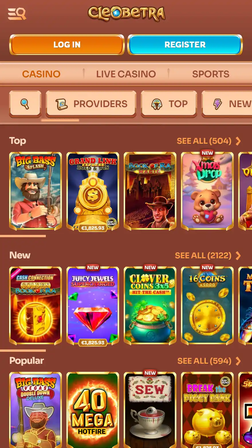 Cleobetra Casino games page