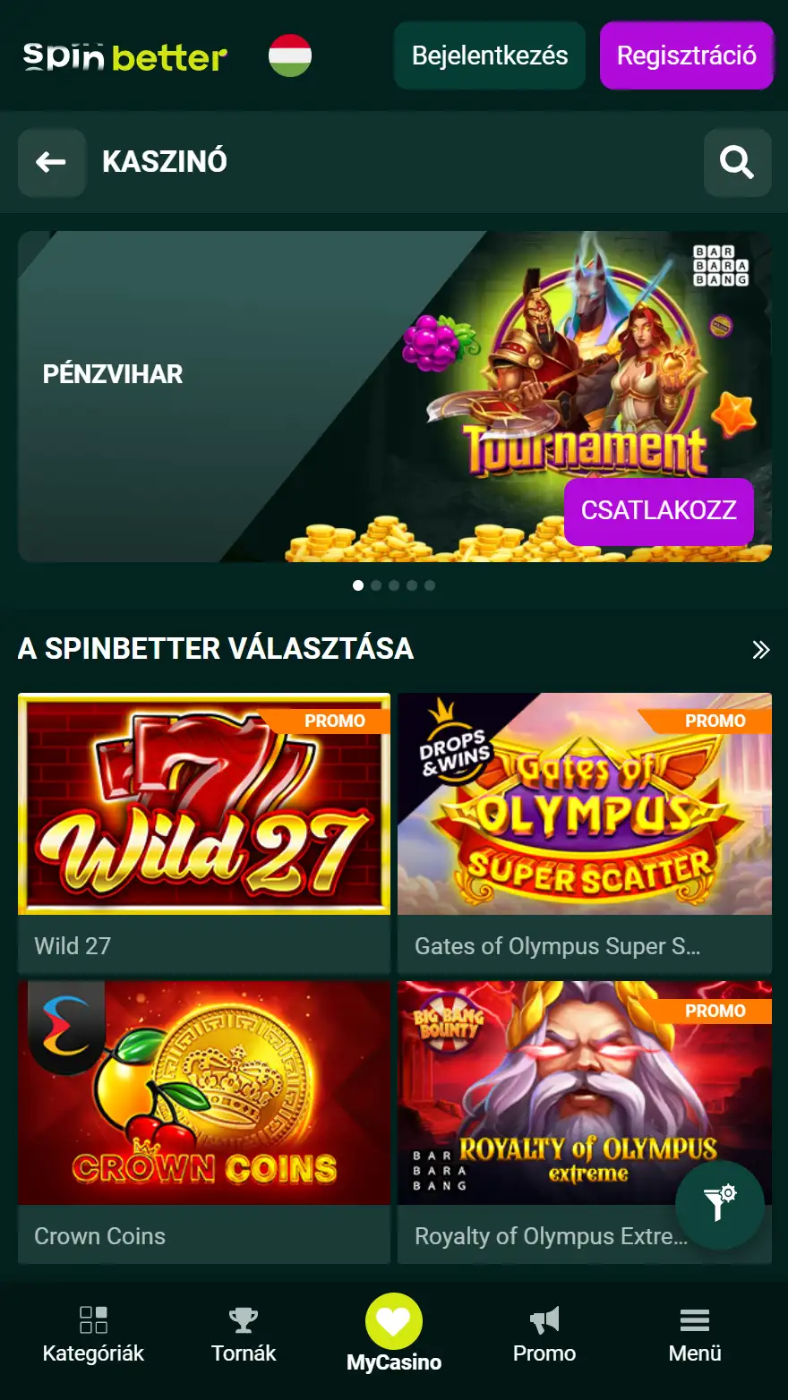 SpinBetter kaszinójátékok oldala