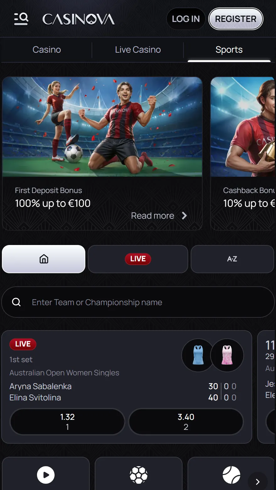 Casinova страница ставок на спорт