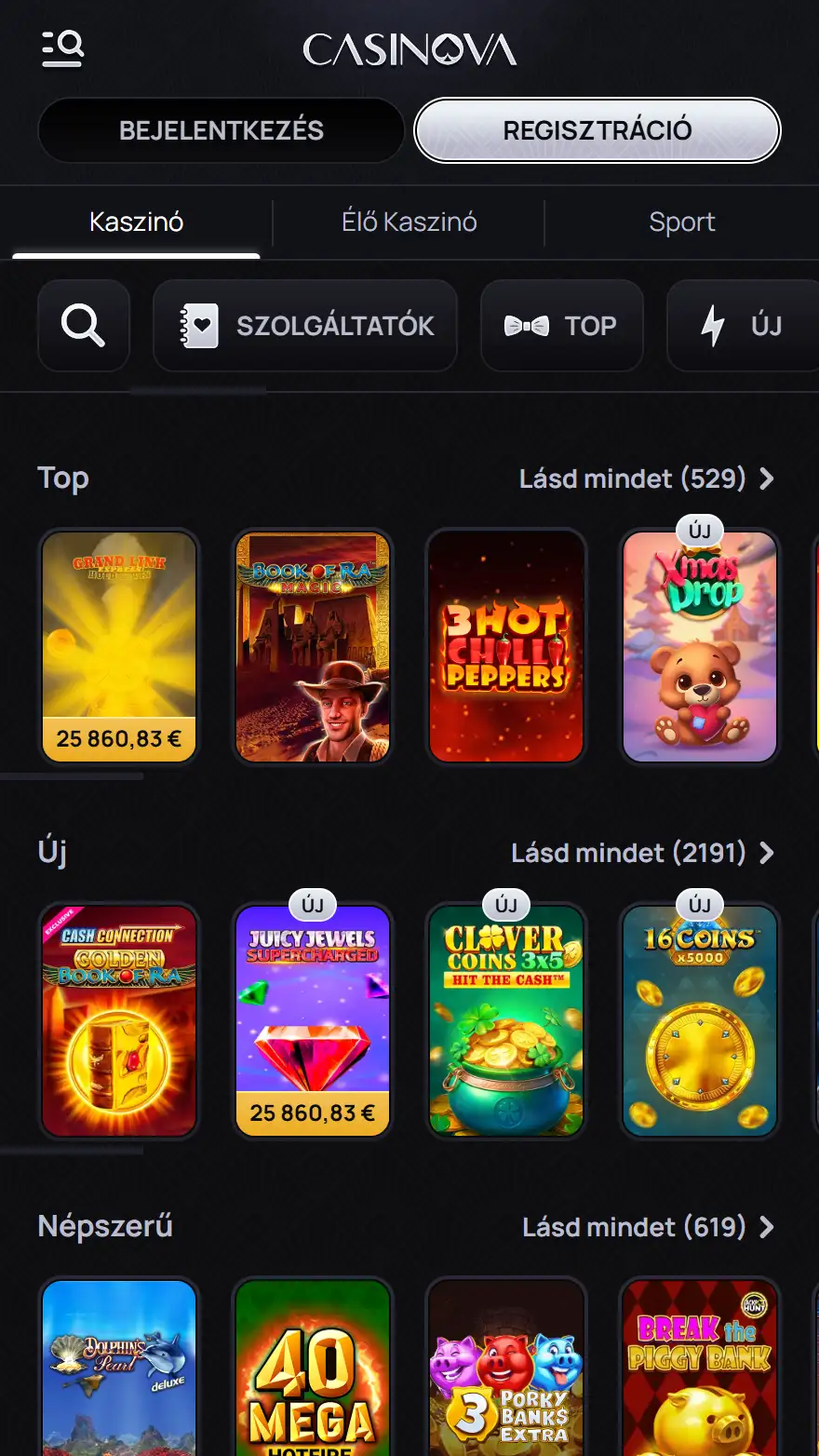 Casinova kaszinójátékok oldala