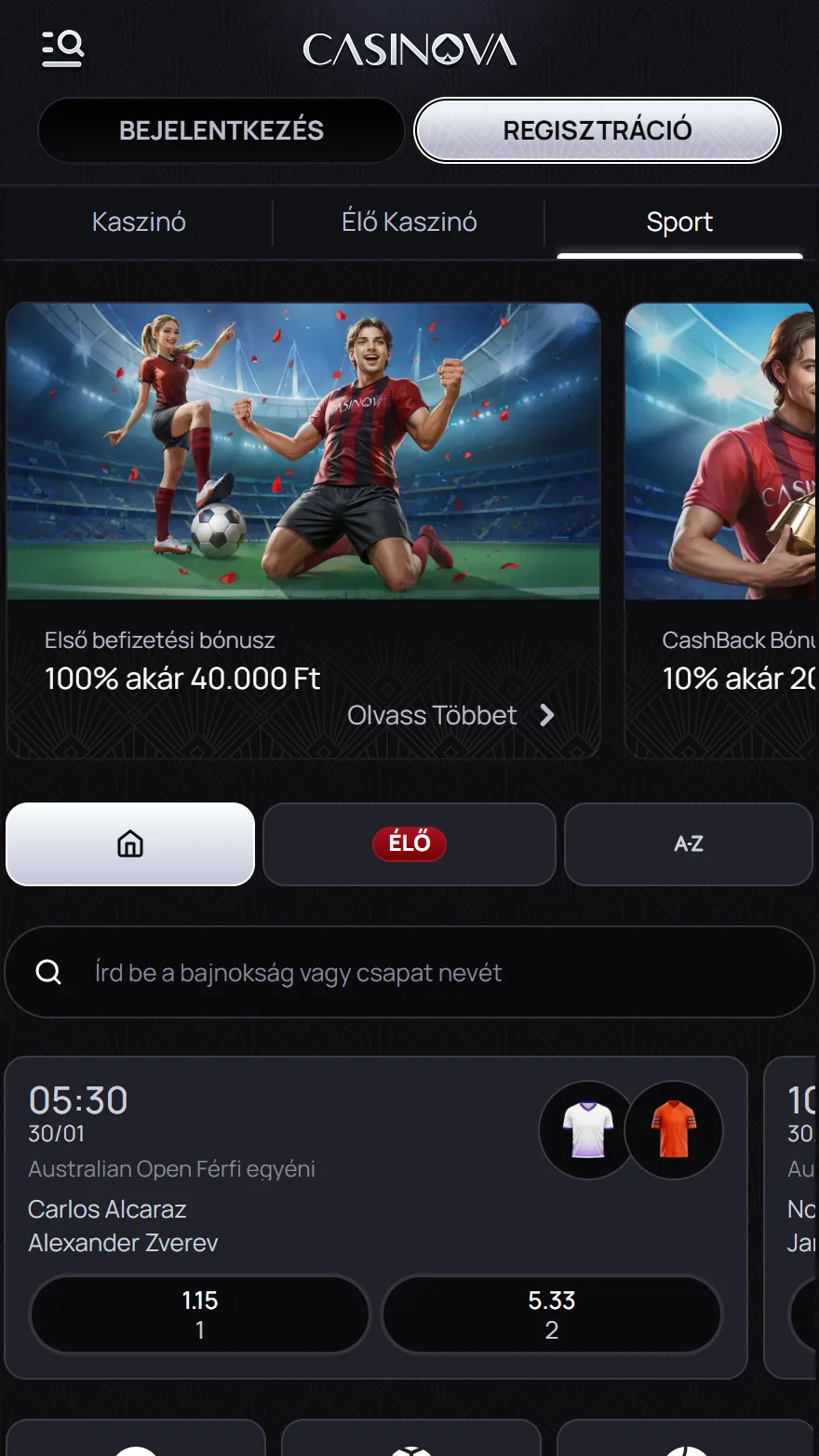 Casinova sportfogadás oldala