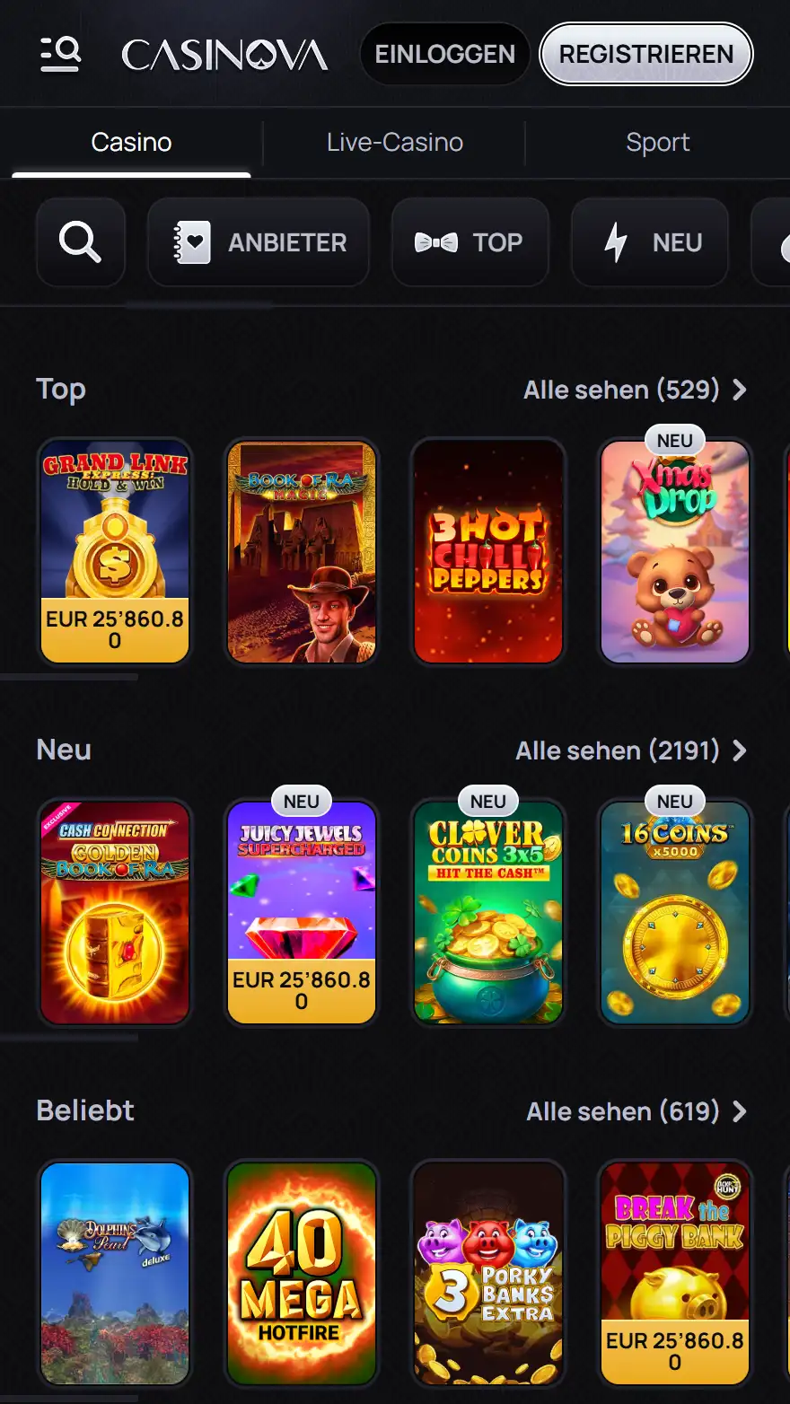 Casinova Casino-Spieleseite