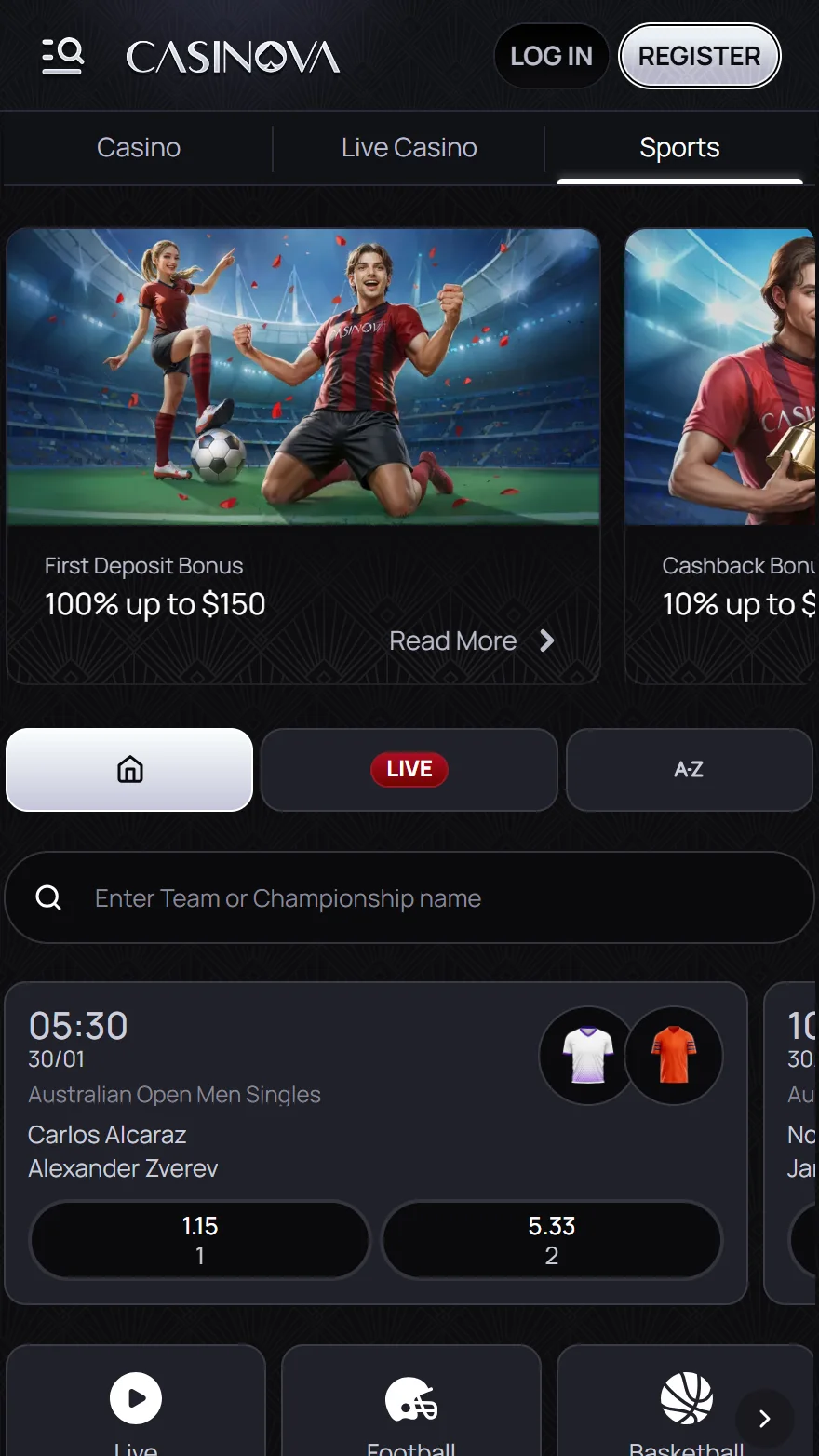 Casinova sports betting page