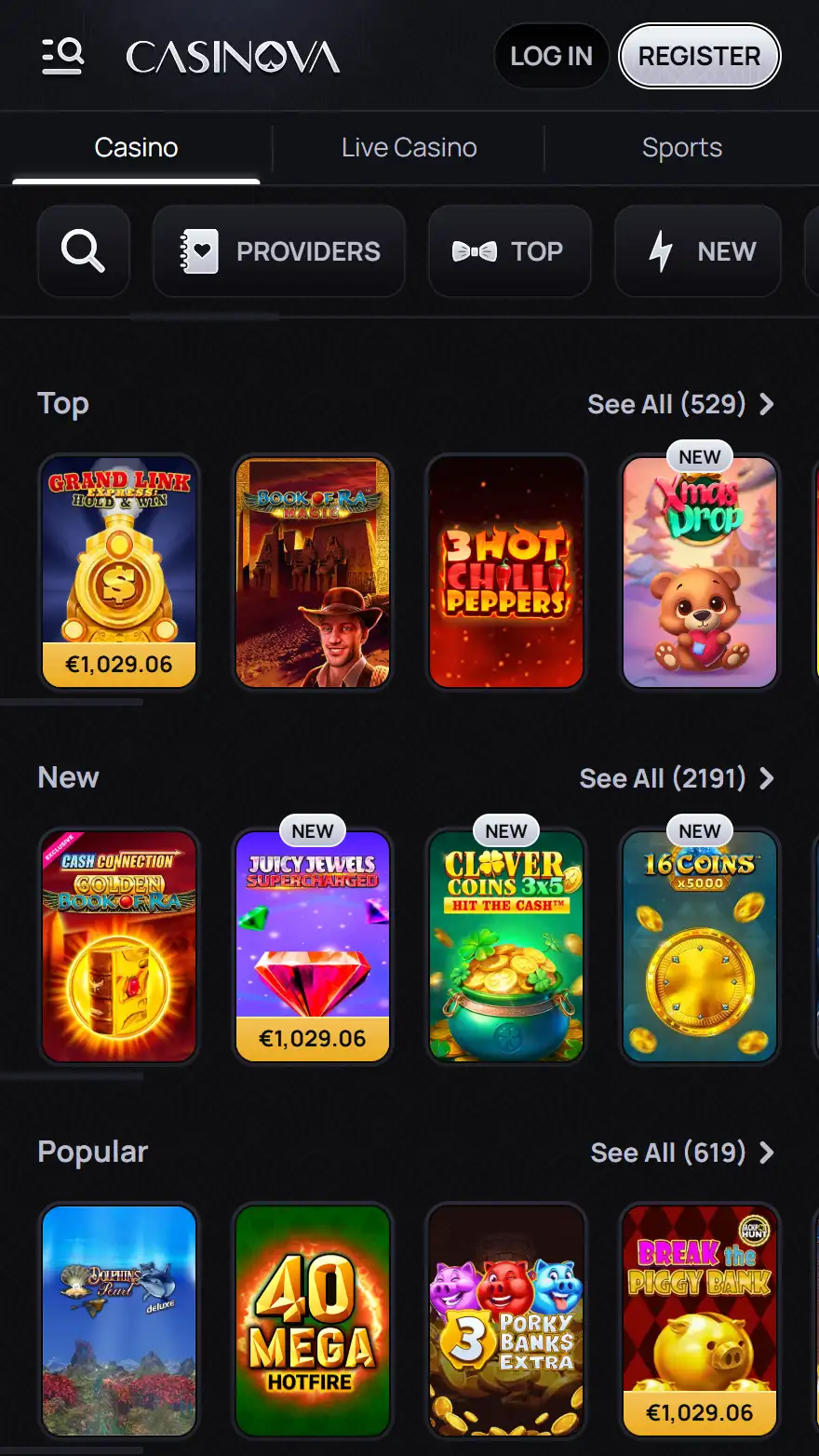 Casinova Casino games page