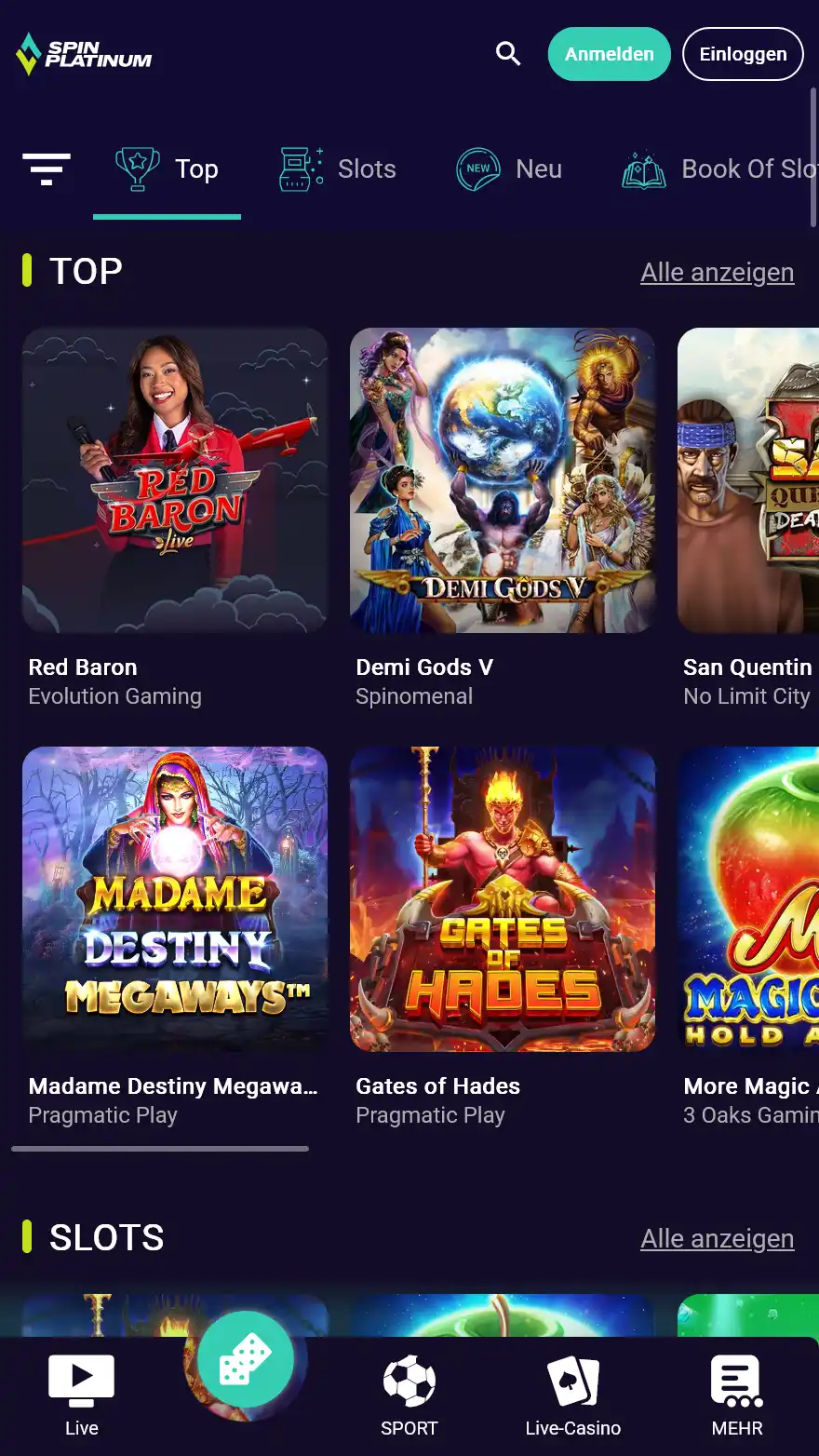 Spinplatinum Casino-Spieleseite