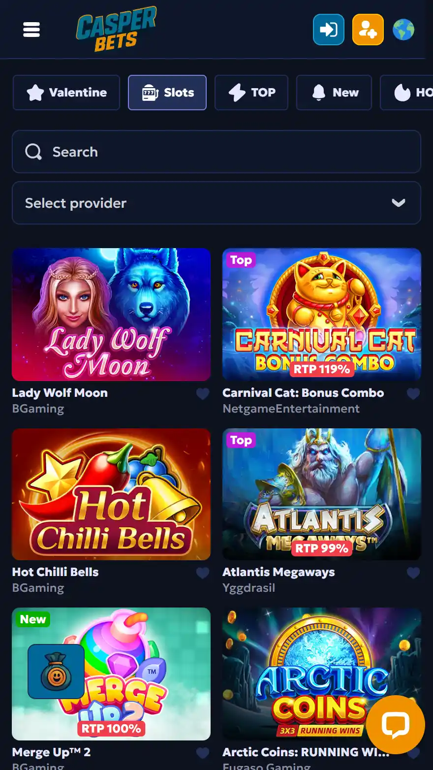 CasperBets Casino games page