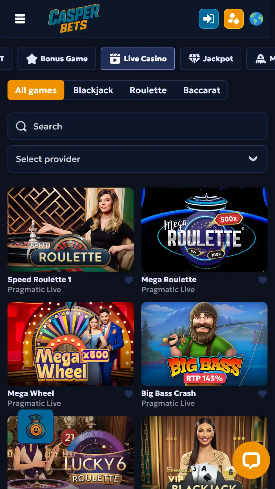 CasperBets Casino live casino page