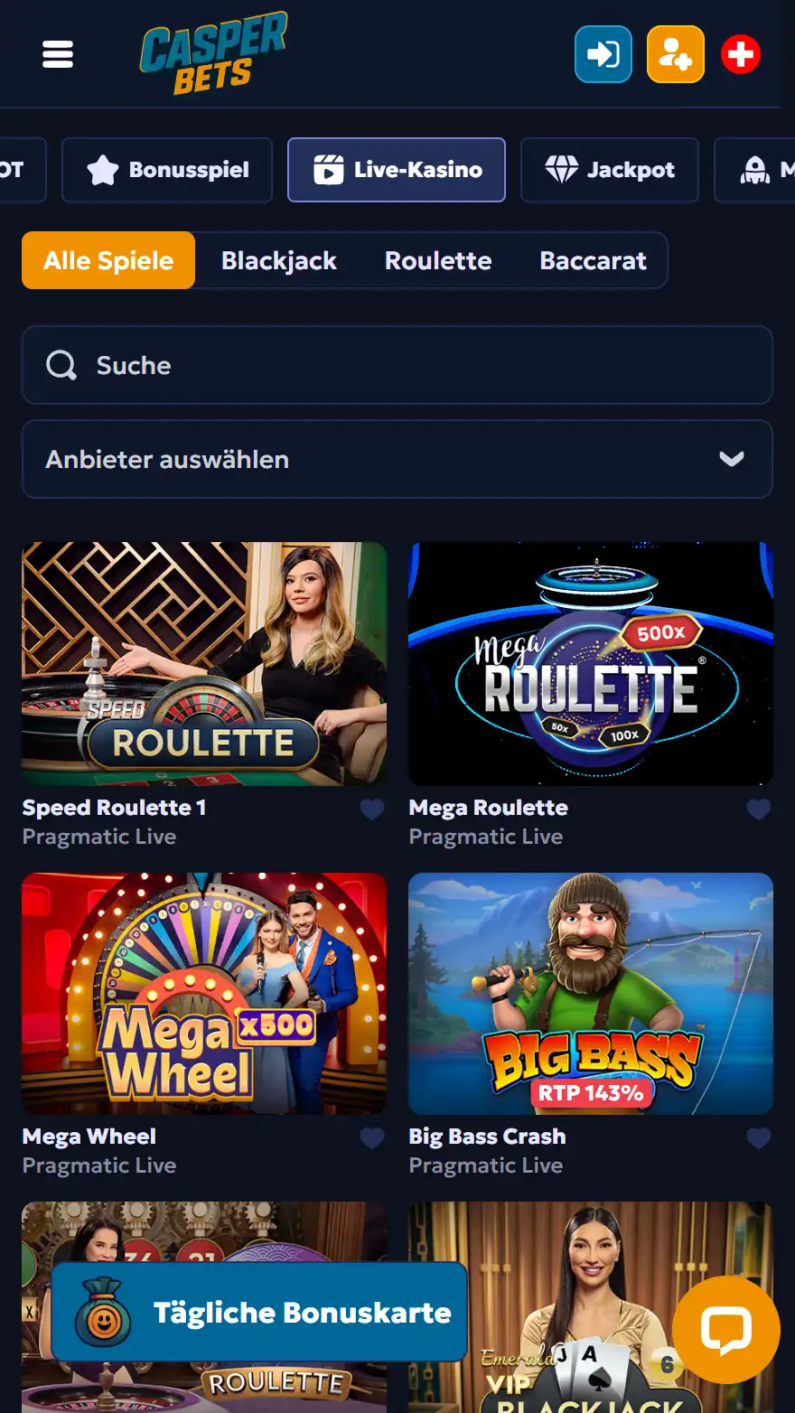 CasperBets Live-Casino-Seite