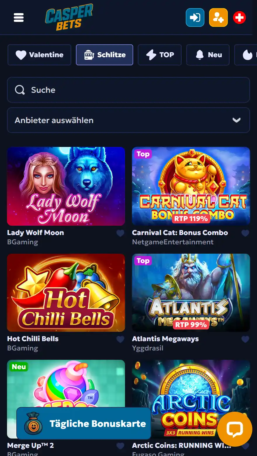 CasperBets Casino-Spieleseite