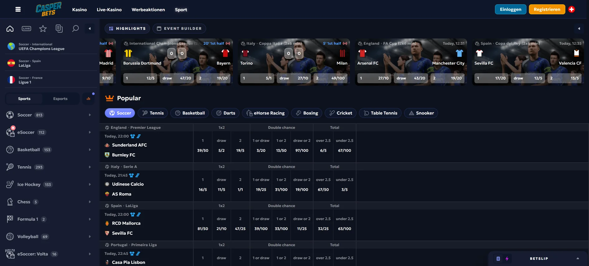 CasperBets Sportwetten-Seite