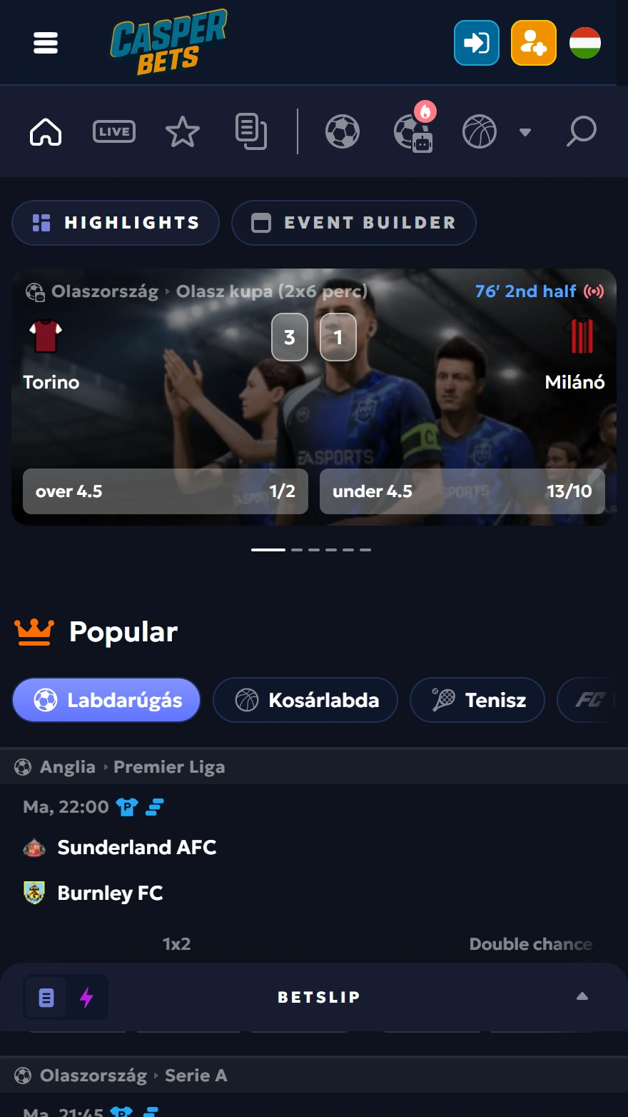 CasperBets sportfogadás oldala