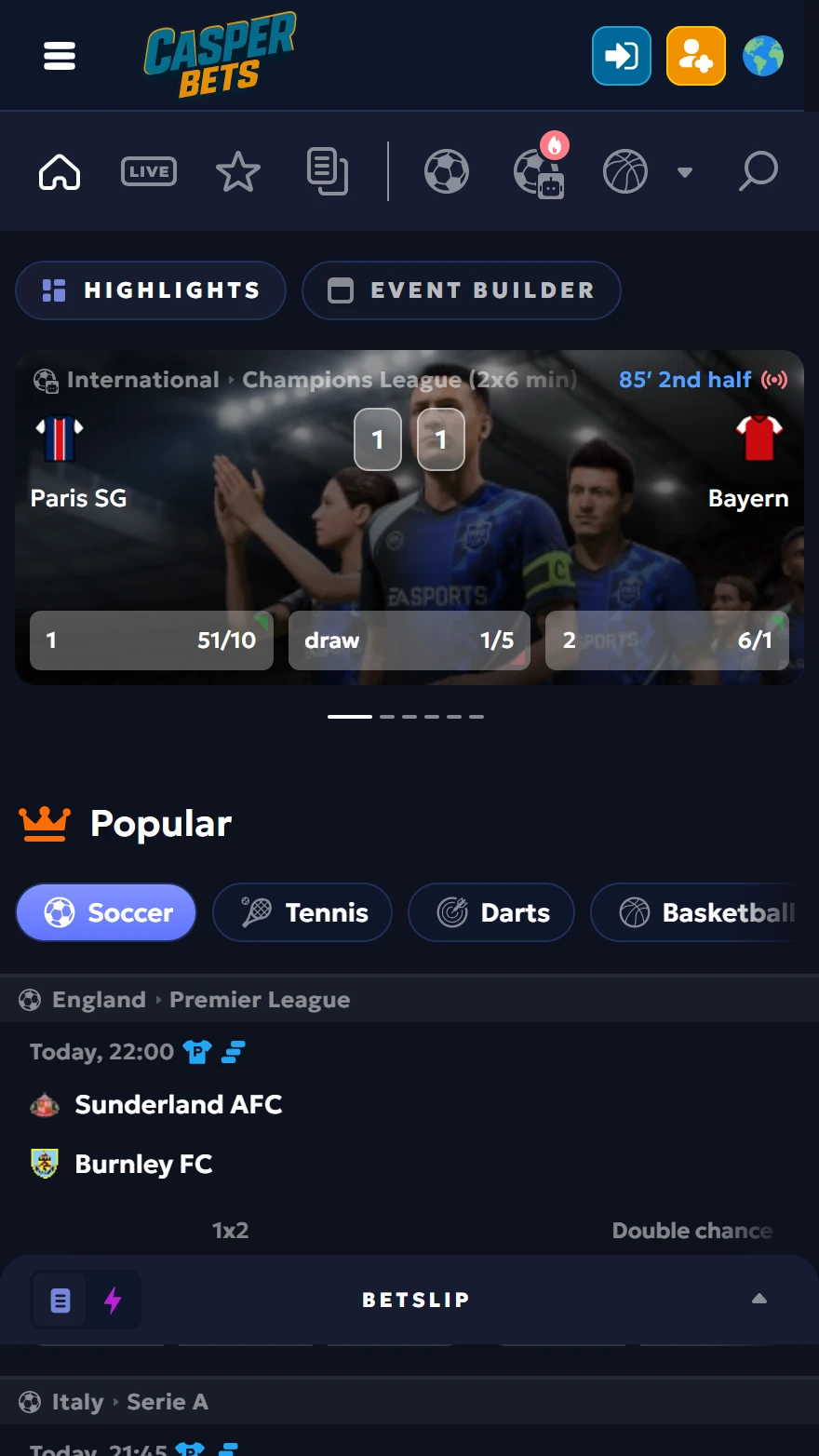 CasperBets spordiennustuse leht