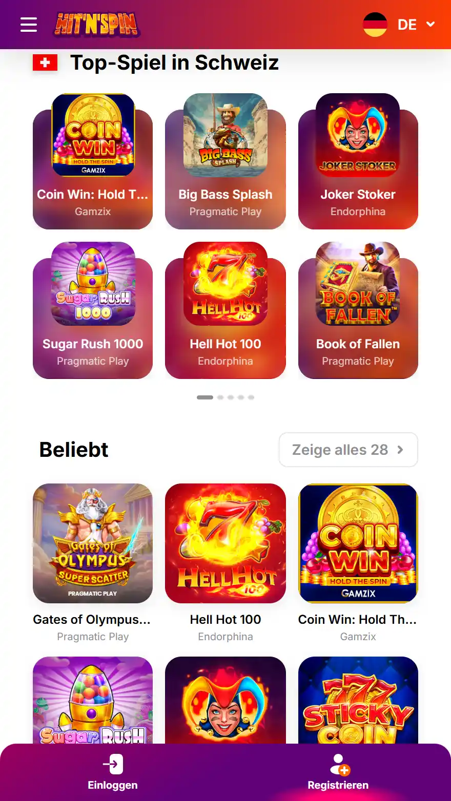HitnSpin Casino-Spieleseite