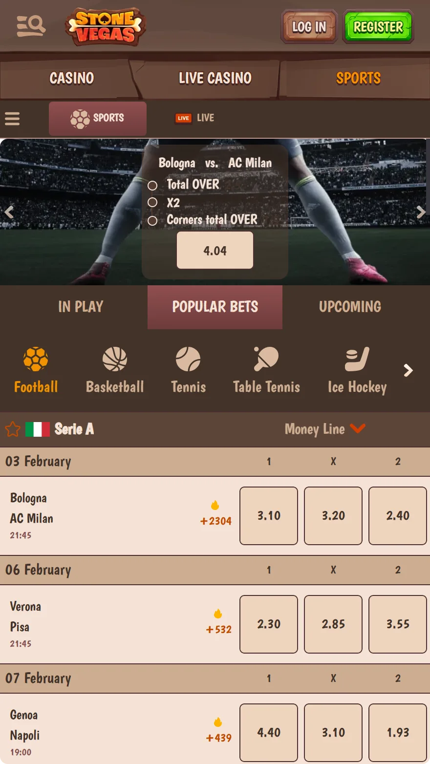 Stonevegas sports betting page