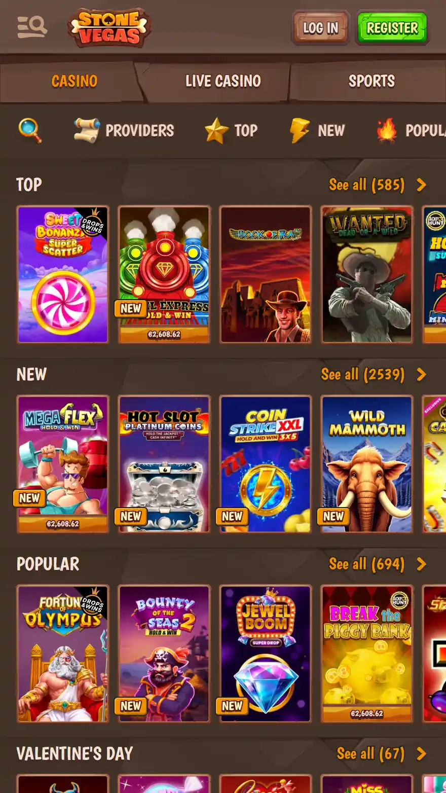 Stonevegas Casino games page