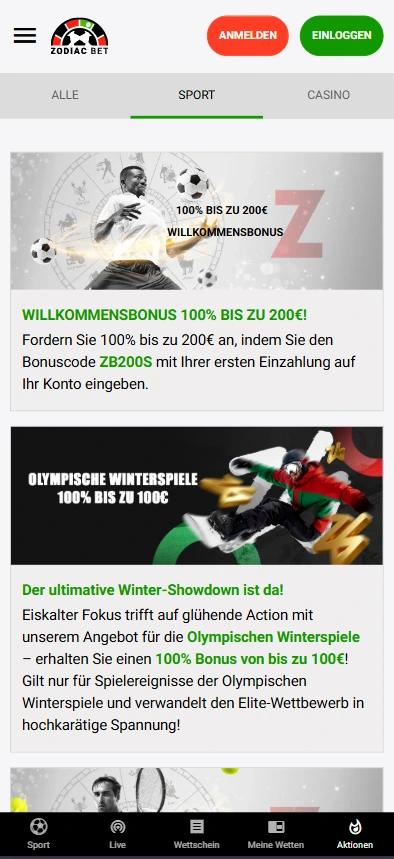Sportwetten Boni ZodiacBet Mobile