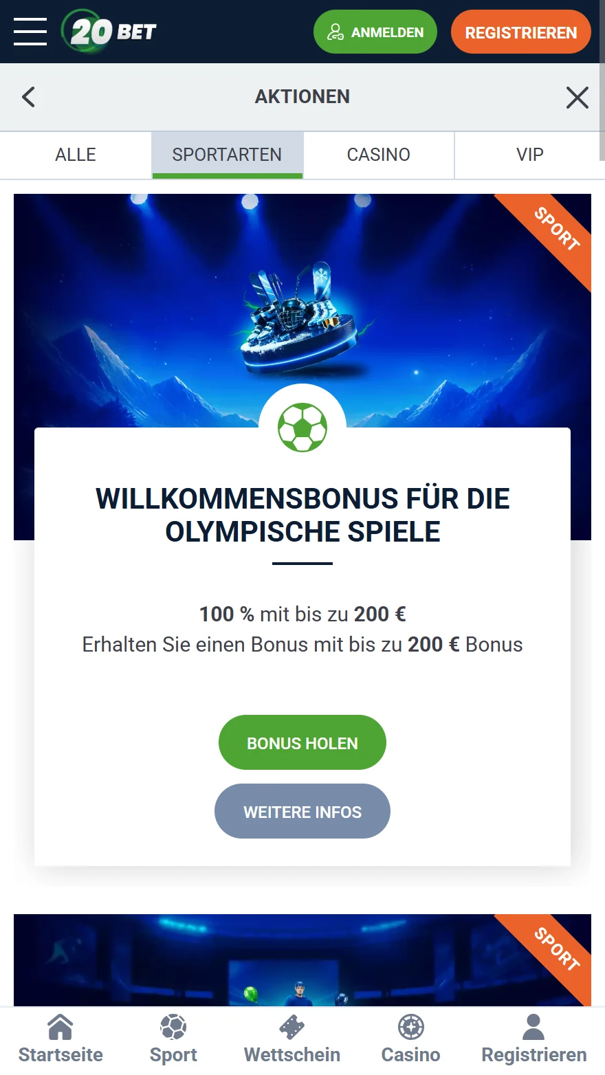 20bet Sportwetten-Bonusseite