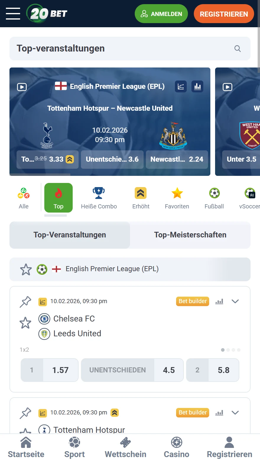 20bet Sportwetten-Seite