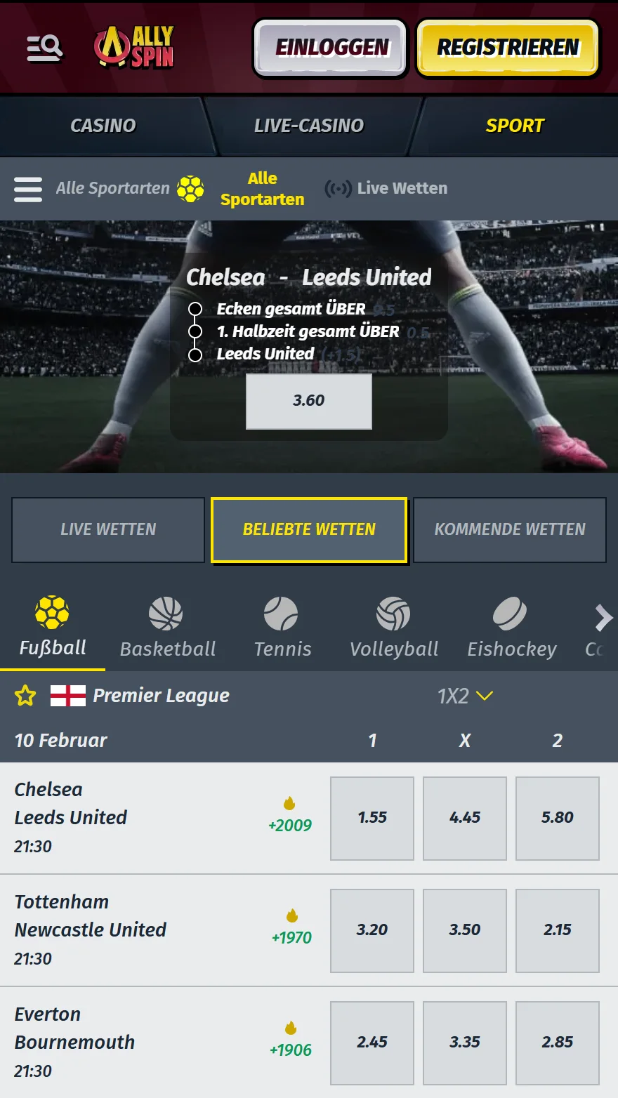 AllySpin Sportwetten-Seite