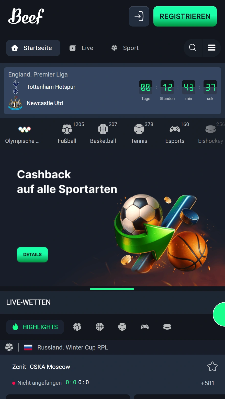 BeefCasino Sportwetten-Seite