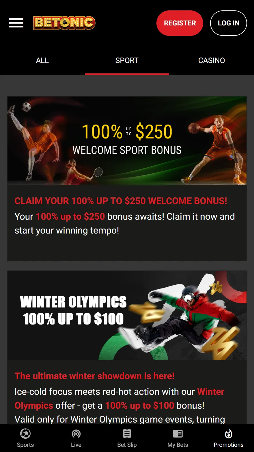 Betonic Sportwetten-Bonusseite