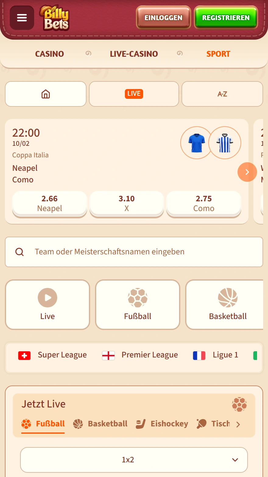 BillyBets Sportwetten Seite