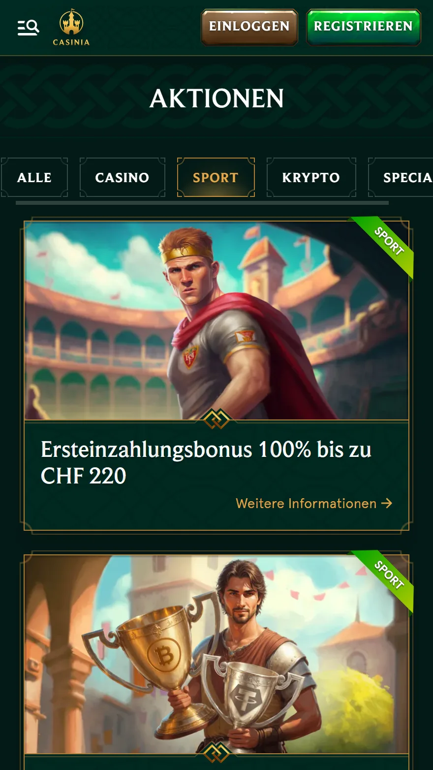 Casinia Sportwetten-Bonusseite