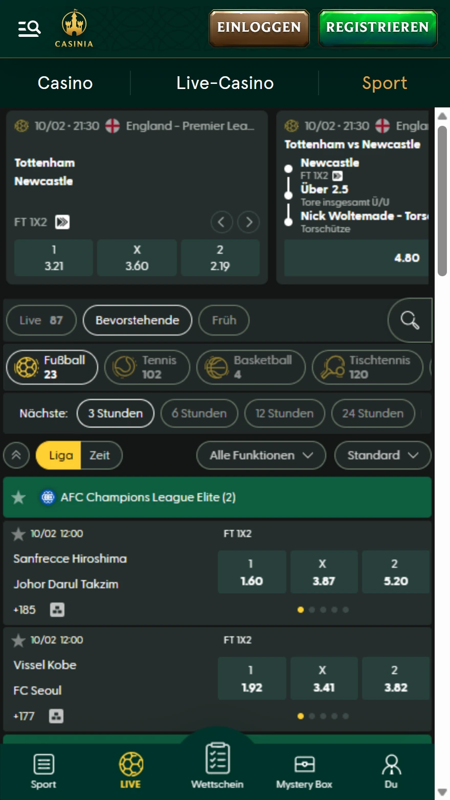 Casinia Sportwetten-Seite