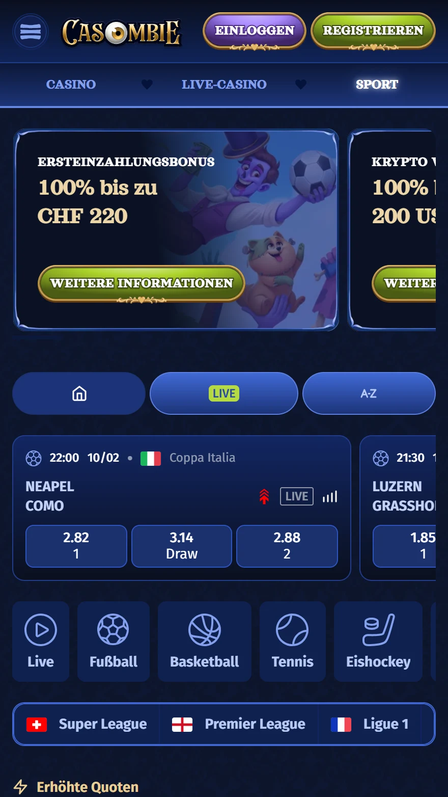 Casombie Sportwetten-Seite