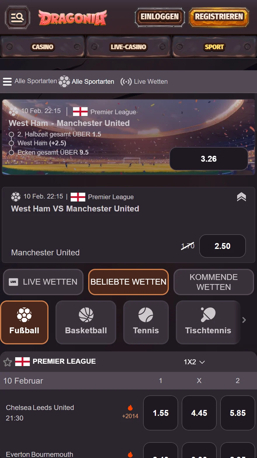 Dragonia Sportwetten-Seite