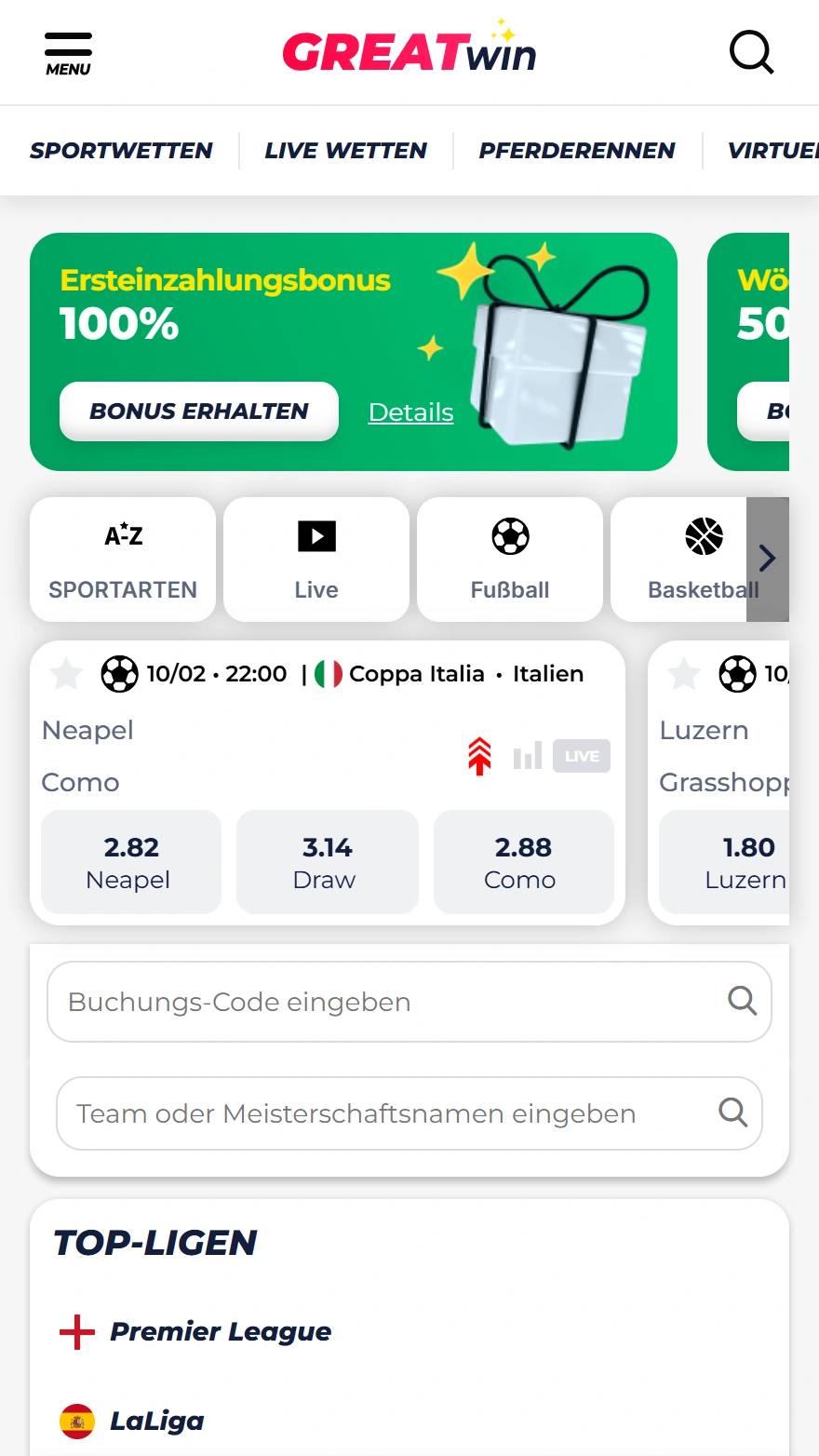 GreatWin Sportwetten-Seite