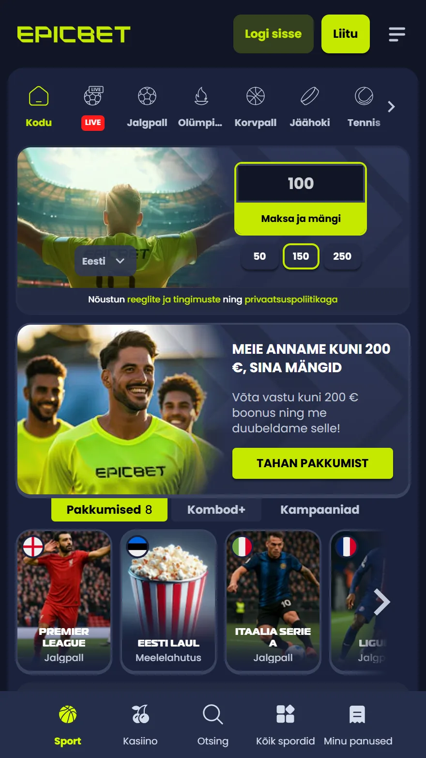 EpicBet spordiennustuse leht