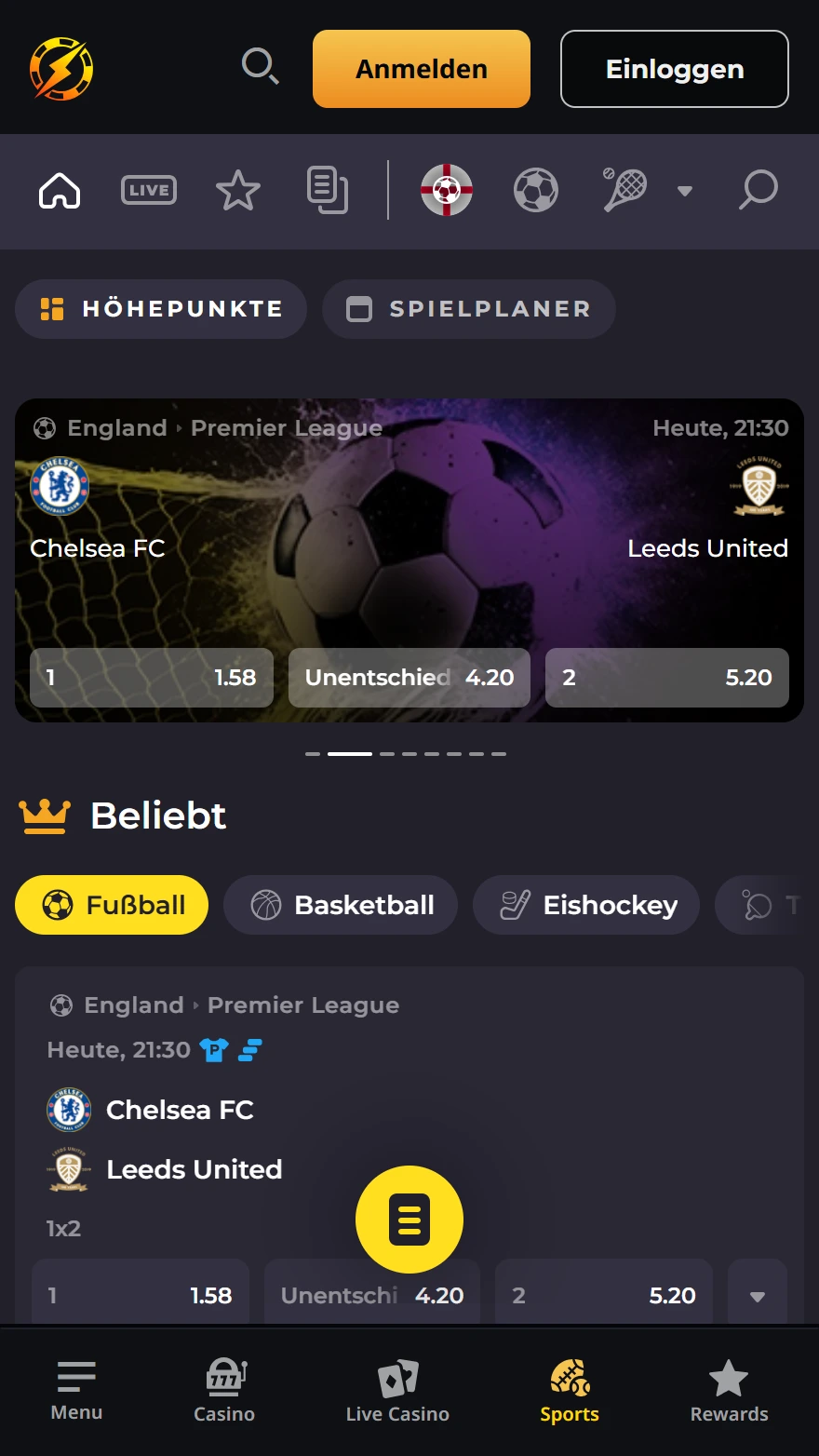 InstantCasino Sportwetten-Seite