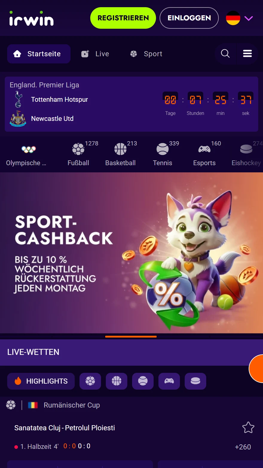 IrwinCasino Sportwetten-Seite