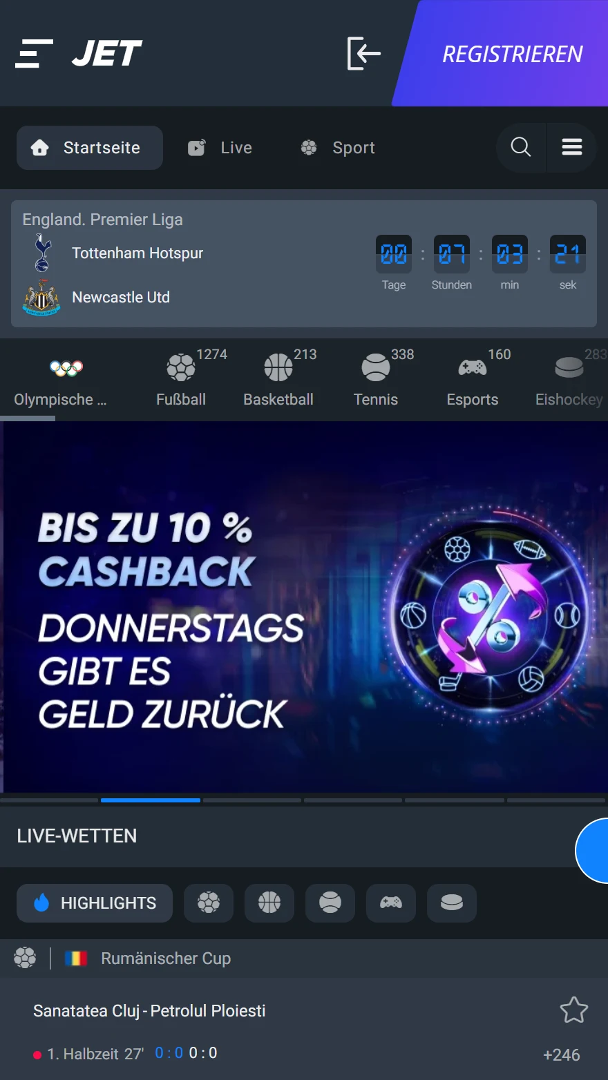 Jet Casino Sportwetten-Seite