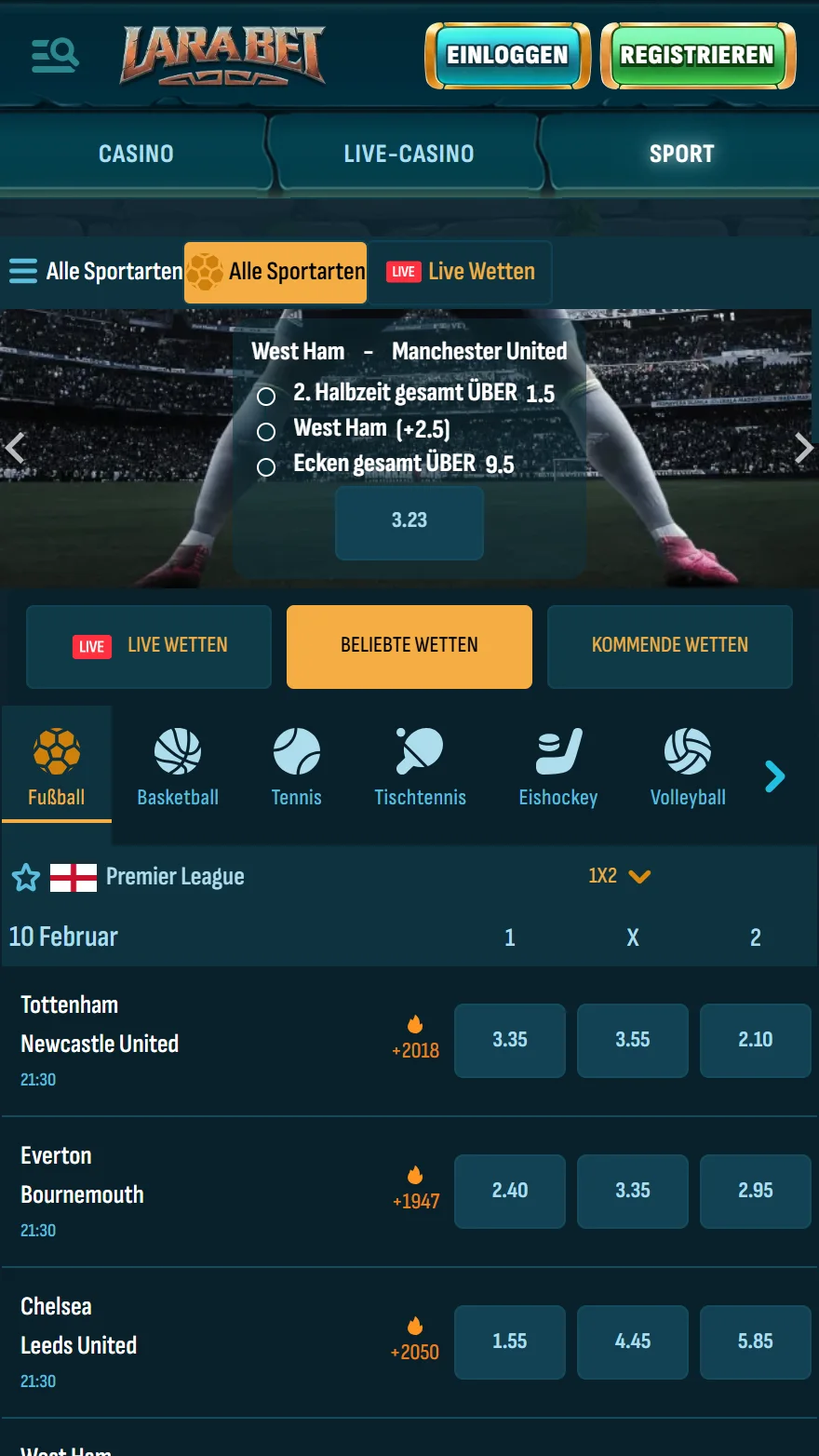 Larabet Sportwetten-Seite