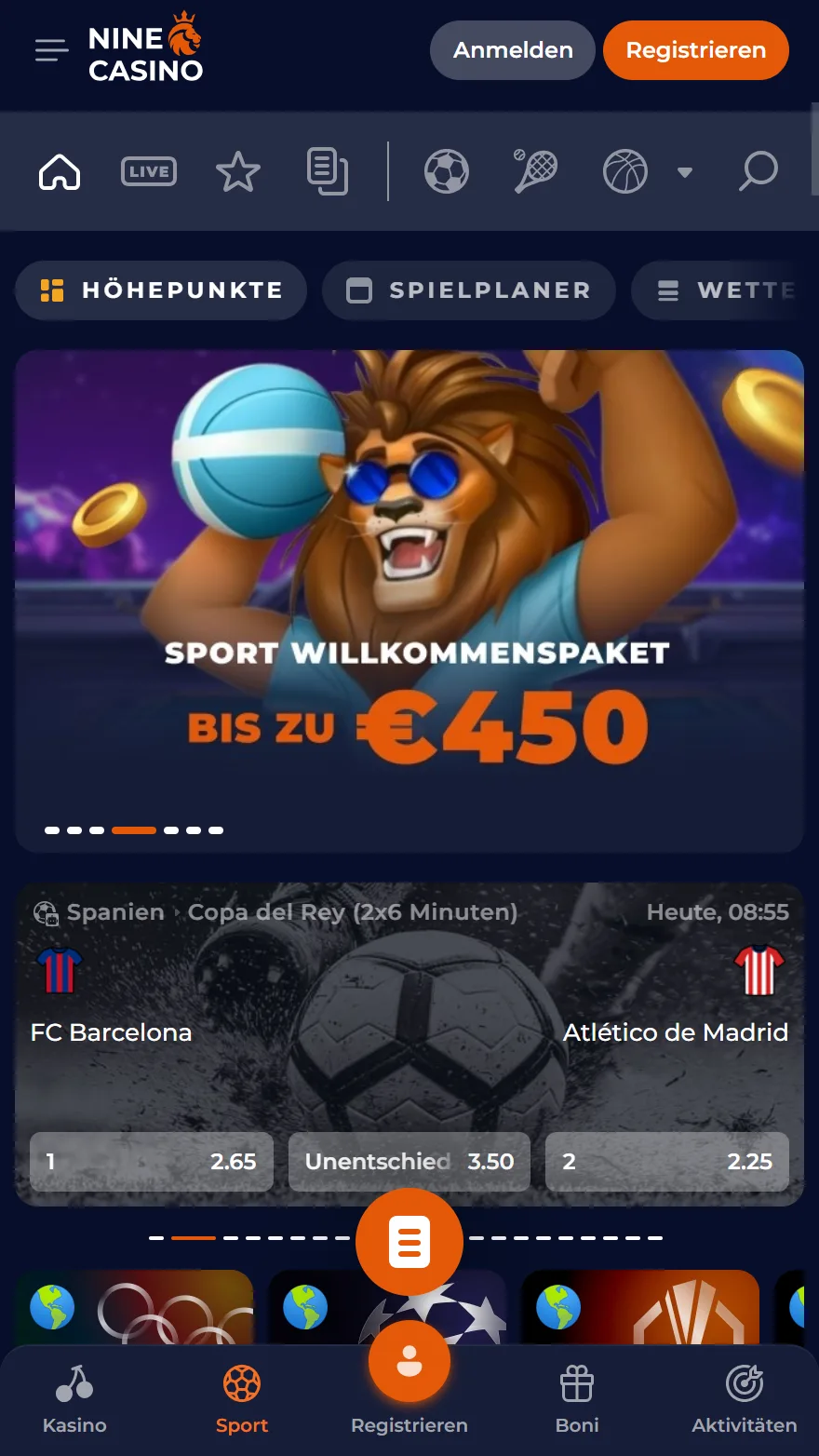 NineCasino Sportwetten-Seite