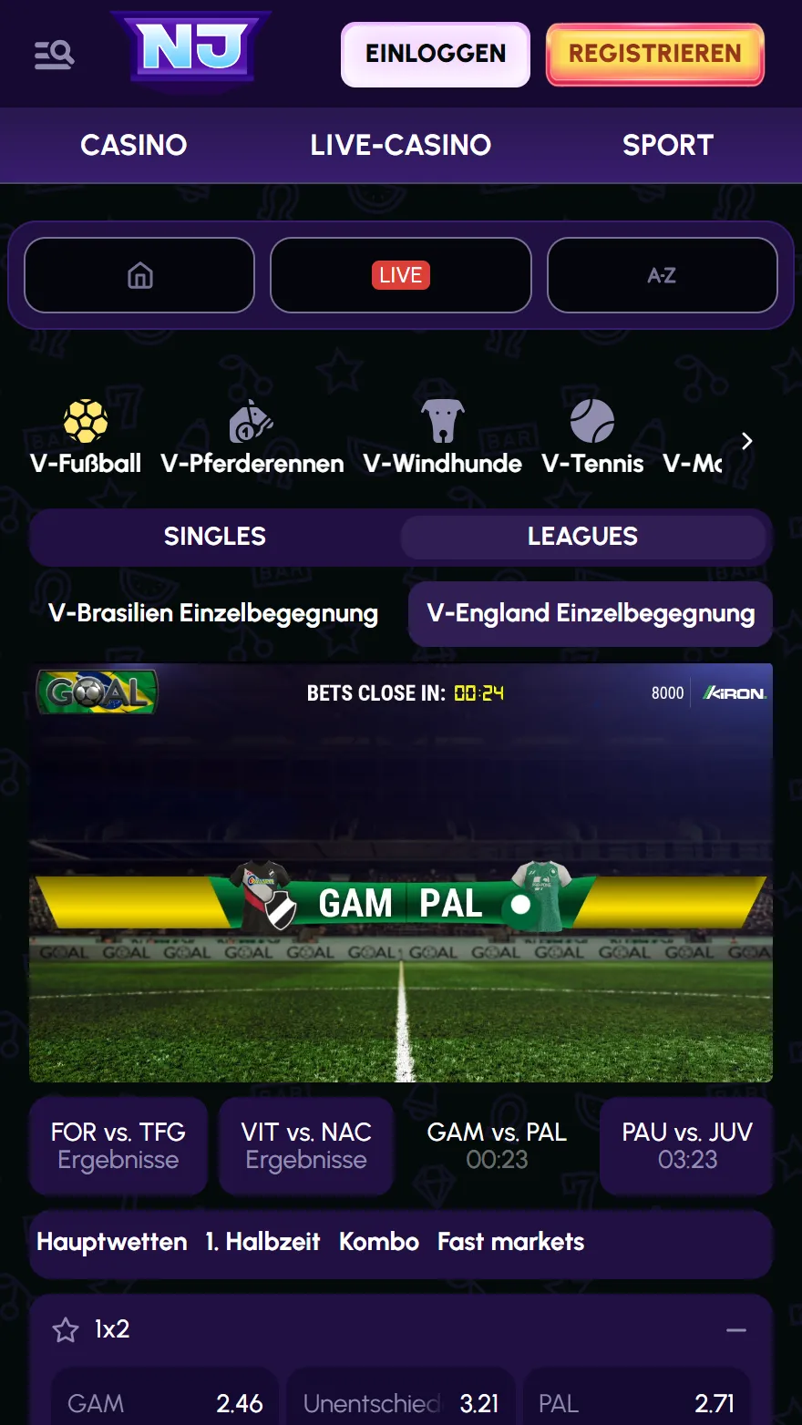 NovaJackpot Virtuelle-Sportseite