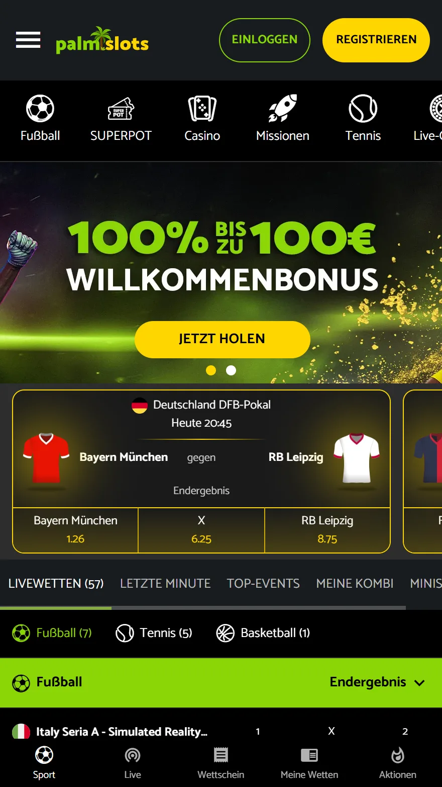 PalmSlots Sportwetten-Seite