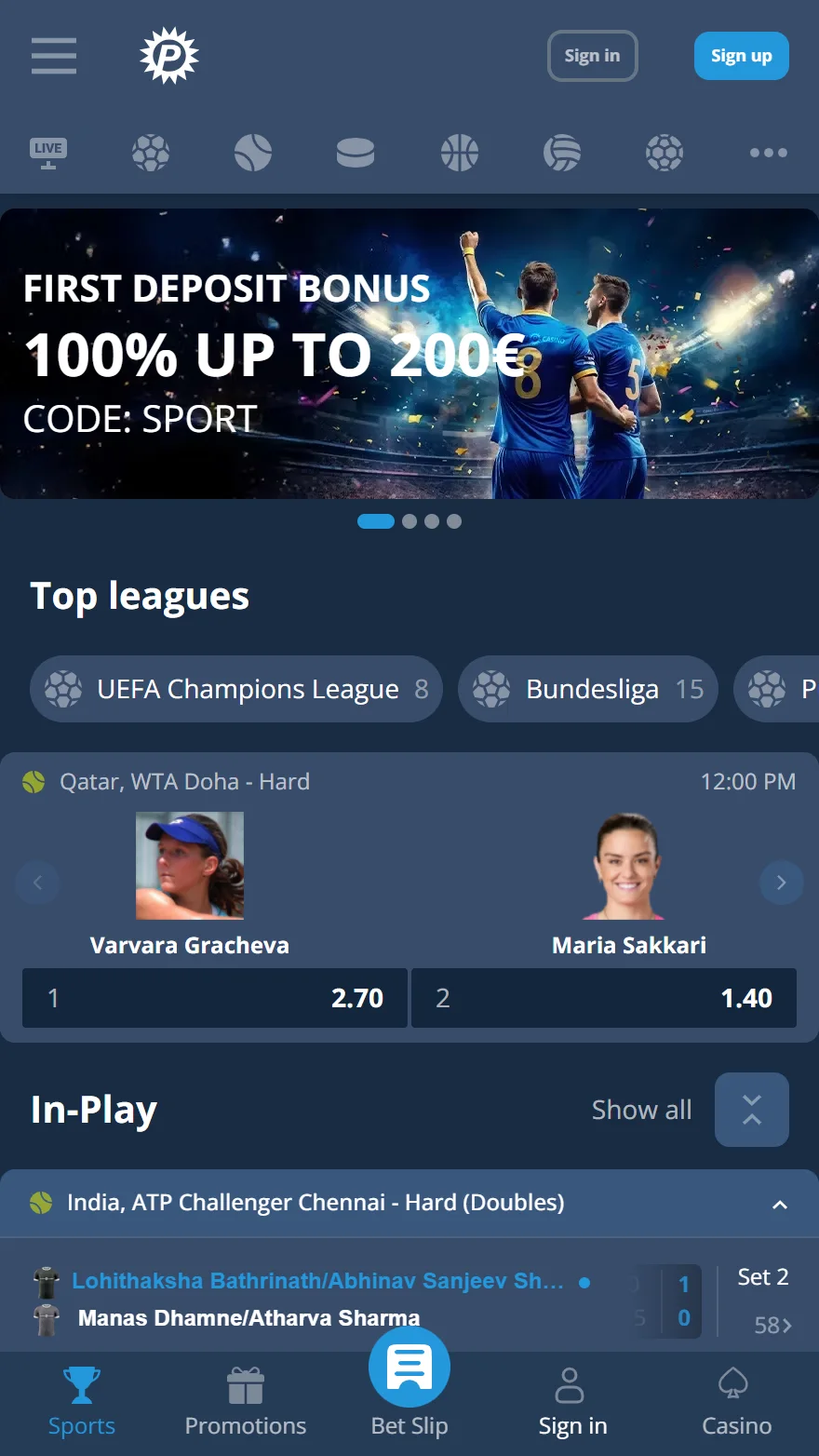 PlatinCasino Sportwetten-Seite