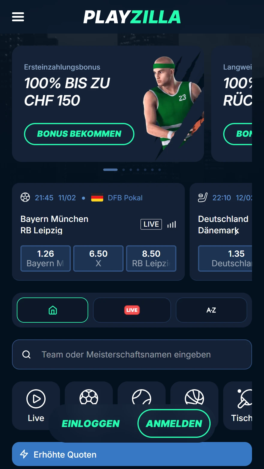 PlayZilla Sportwetten-Seite