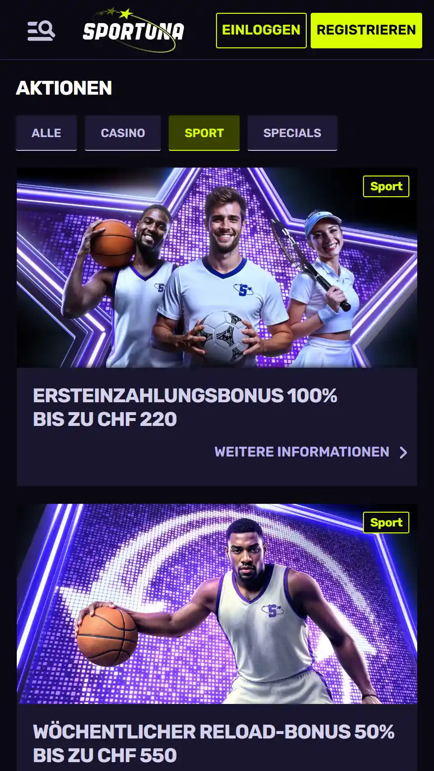 Sportuna Aktionsseite