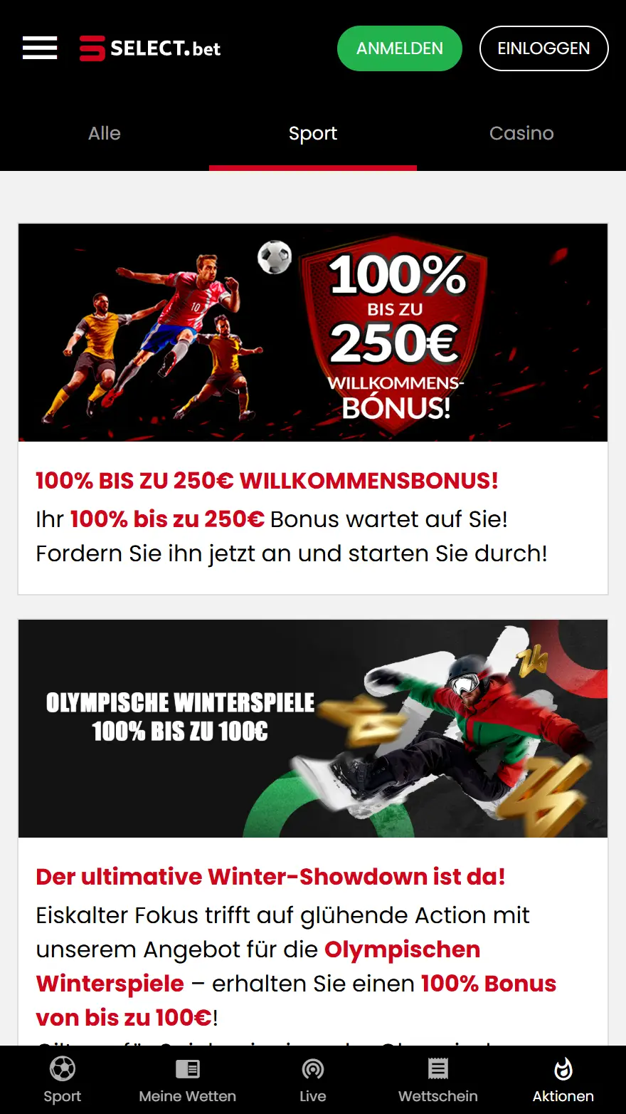 SelectBet Aktionsseite