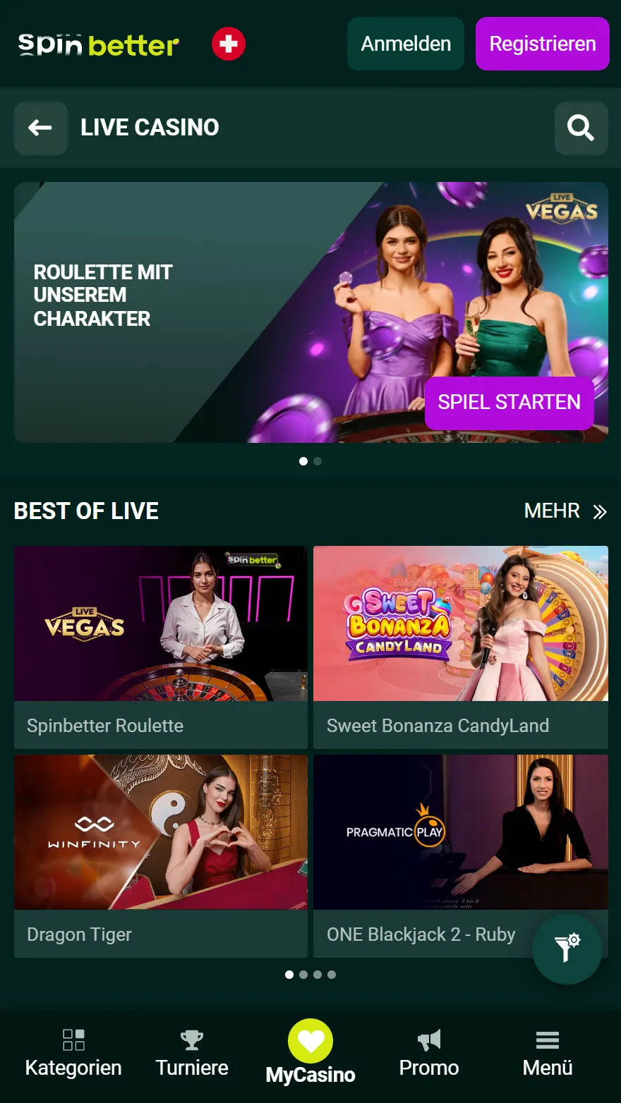 SpinBetter Live-Casino-Seite