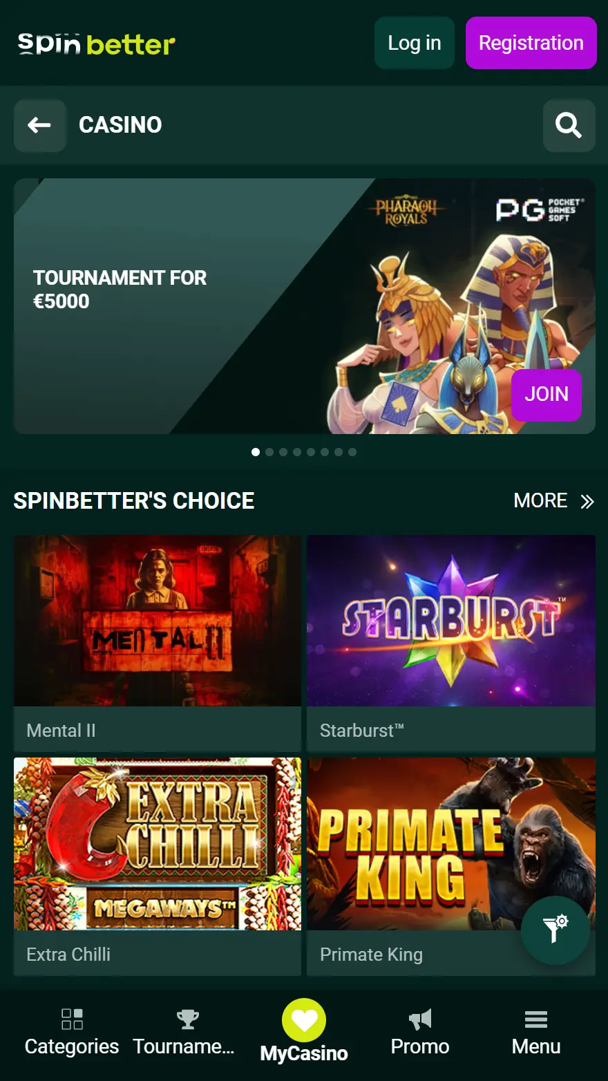 SpinBetter Casinos spelsida