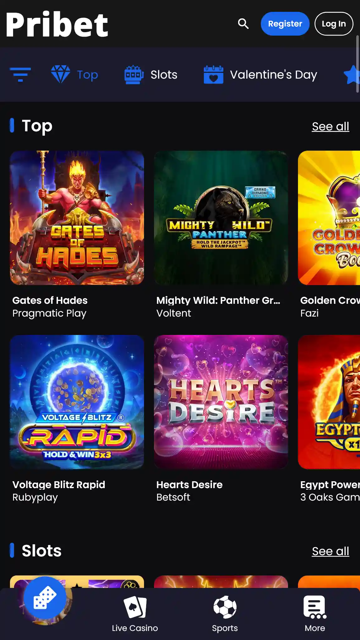 Pribet kazino spēļu lapa