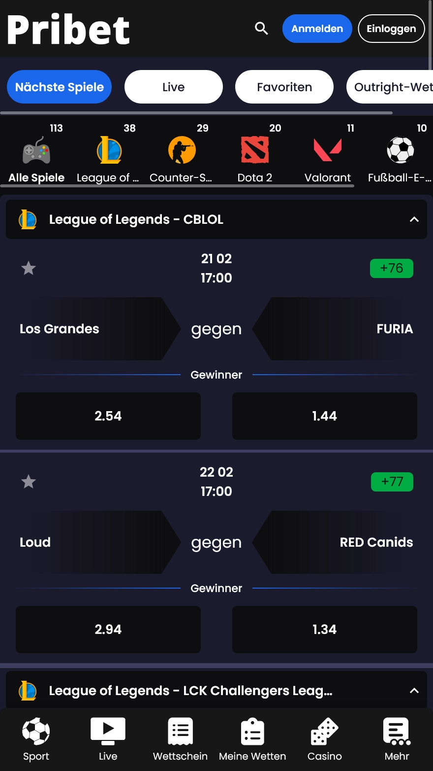 Pribet E-Sport-Wetten-Seite